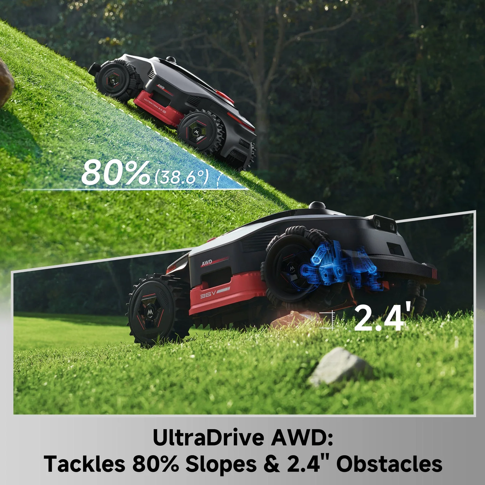 UltraDrive AWD robot mower handling steep terrain